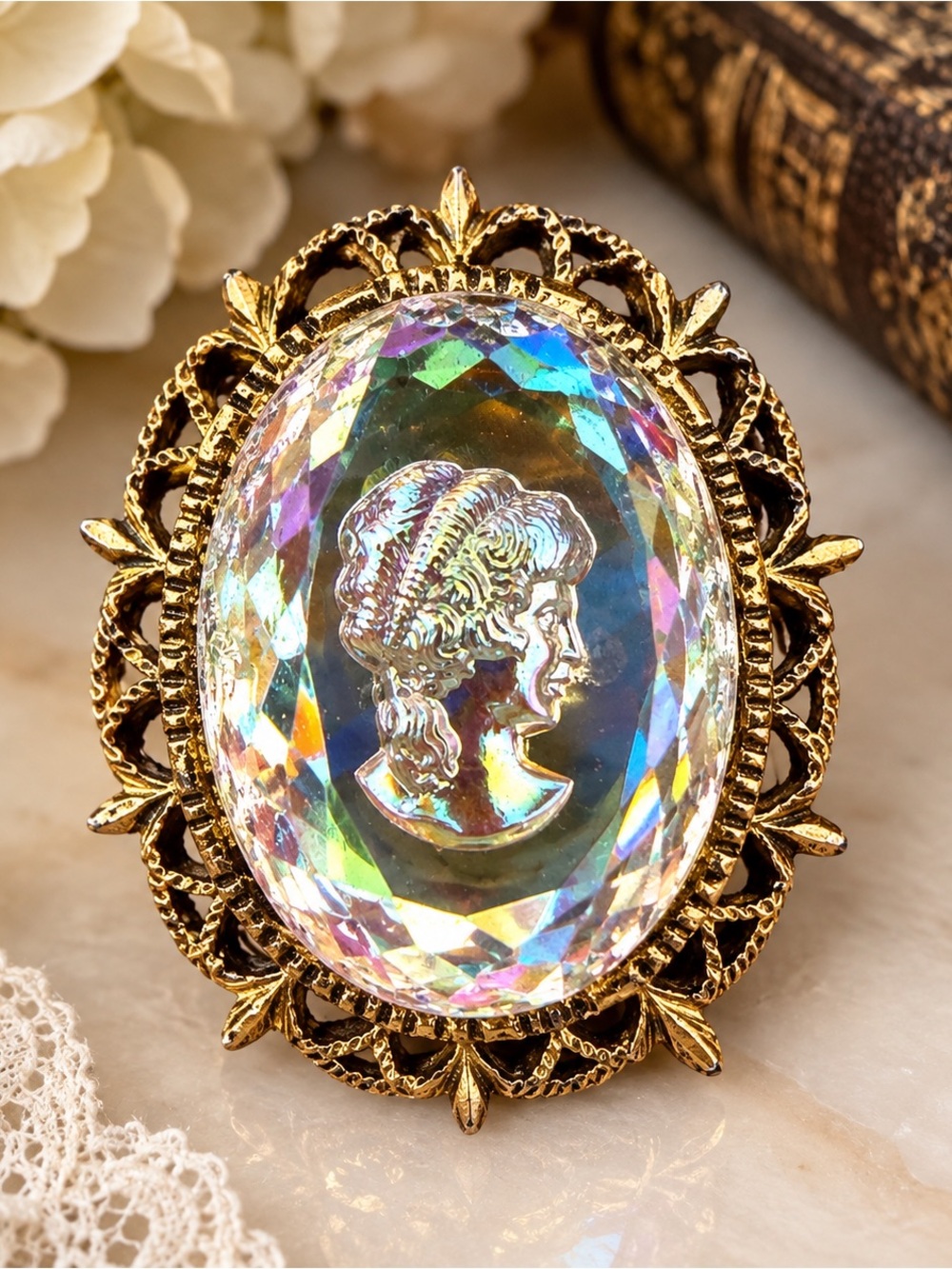 RARE Vintage 1970s Iridescent Cameo Crystal Glass Victorian Style Statement Pin
